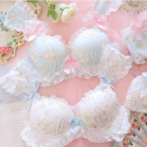 Japanese Cute Cartoon Lingerie Women Kawaii Bunny Bra Set Sweet Fresh Bow Lolita Lace Ruffle Girl Underwear Soft Cotton Cup Bra