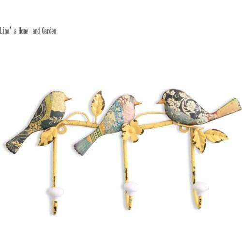 Birds design yellow handcraft retro antique decorative coat hooks for wall
