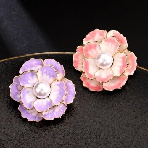 Pearl Camellia Brooches Party Banquet Wedding Pin Jewelry Gift Elegant Ladies Dress Pink Purple Enamel Flower Brooch
