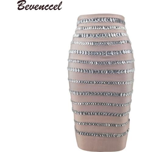 2020 New Arrival Sexy Women Summer Bodycon Bandage Skirt Beading Hollow Out Elegant Party Skirts