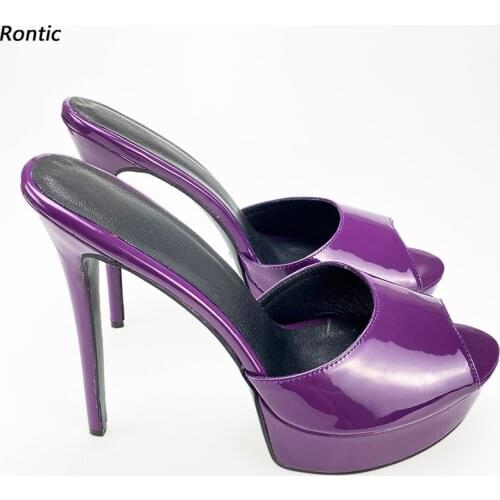Rontic Women Platform Mules Sandals Glossy Slippers Unisex Stiletto Heel Peep Toe Gorgeous Dark Purple Party Shoes Size 35-52