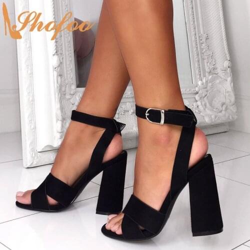 Black Flock High Chunky Heels Women Sandals Open Toe Buckle Ankle Strap Large Size 14 16 Ladies Summer Mature Sexy Shoes Shofoo