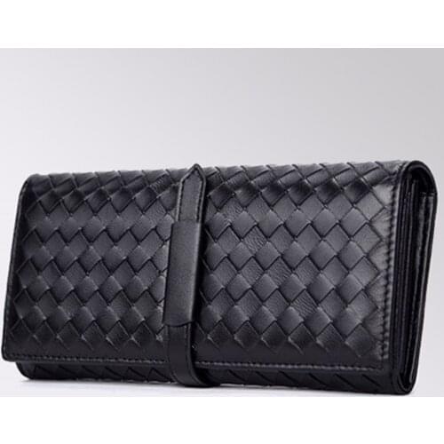 Womens Hand-knit Wallets 100% Genuine Sheepskin Leather Ladies Purses Lady Coin Pocket Long Wallet Female Clutch Bag Women Gift