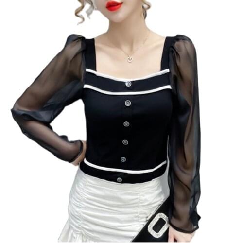 Office Lady Vintage Black White Knitwear Autumn Womens Chiffon Long Sleeve Patchwork Pullover Tops Square Collar Knitted Sweater