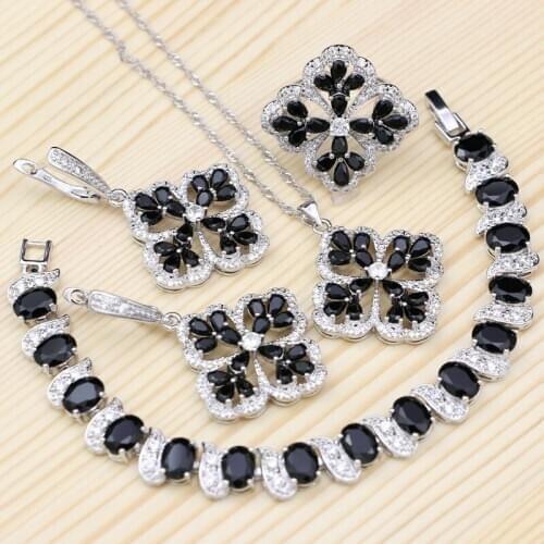 Punk 925 Silver Jewelry Sets For Women Party Decoration Black Stone White Cubic Zirconia Ring/Bracelet/Necklace/Pendant/Earrings
