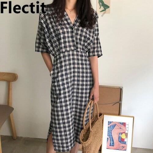 Flectit Womens V Neck Plaid Dress Short Sleeve Elastic Waist With Pocket Summer Midi Dress Vintage Feminine Vestido