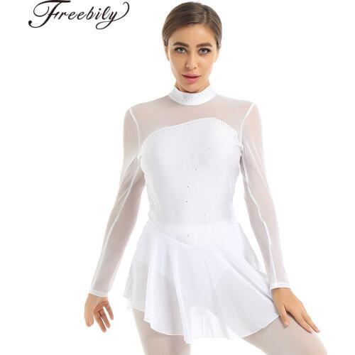 Women Shiny Rhinestone Mesh Long Sleeve Figure Skating Dress Ballet Dancewear Gymnastics Leotard Competition Performance Costume
