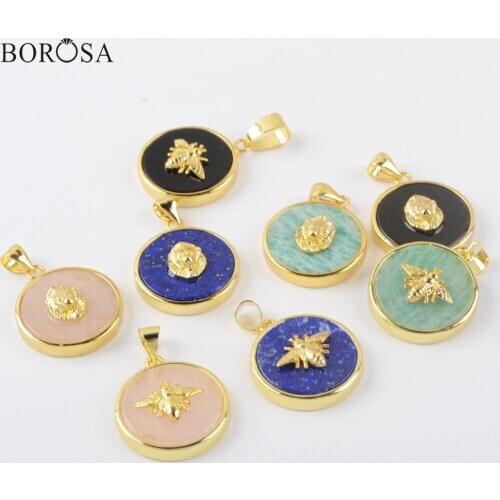 Gold Bezel Round Multi kind Gems Stones Pendant for Necklace CZ Micro Paved Natural Stone Beads for Jewelry Making WX1521