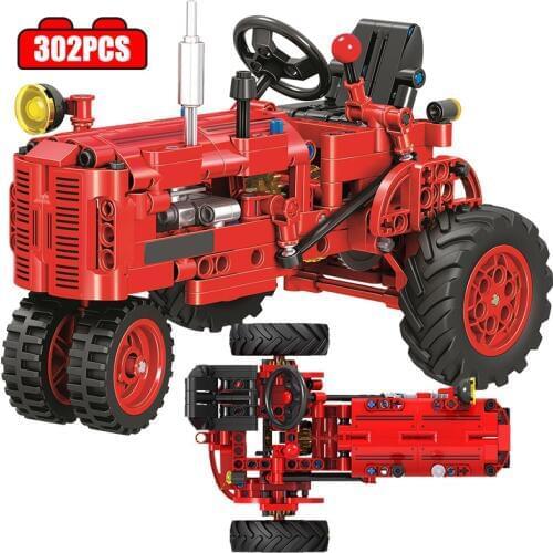City Classic Red Old Tractor Car Technical Building Blocks DIY Walking Tractor Truck Bricks Educational Toys for Children
