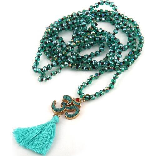 Free Shipping Fashion Yoga Jewelry 4mm Mini Blue Color Glass Knotted OM Pendant Necklaces For Women Lariat Necklaces