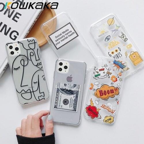 Kowkaka Art Abstract Face Cartoon Letter Phone Case For iPhone 11 Pro Max SE 2020 X XR XS 7 8 6 6s Plus 5s Clear Soft TPU Shell