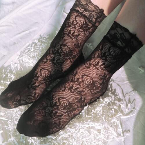 Black Lace Socks Women Floral Hollow Out Sexy Mesh Sheer Transparent Socks Women Socks Fishnet Black Lolita Short Socks Female