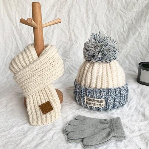Kids Winter Cable Knit Beanie Hat Scarf Set Pompom Cap D08E
