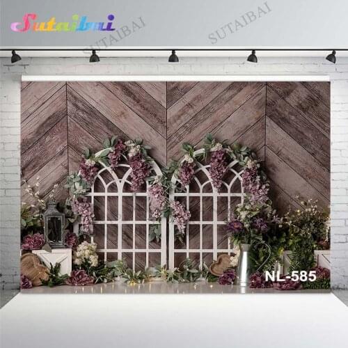 Purple Flowers Floral Garden Backdrop Vintage Wood Wall White Door Photo Backdrops Photography Background Baby Studio Booth Prop