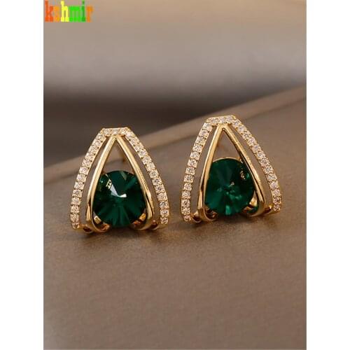 Kshmir Stylish V letter green gemstone Earrings geometric hollow metal earrings refined womens earrings jewelry gifts 2021