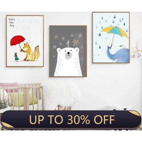 Cute Girl Polar Bear Elephant Fox Rain Red umbrella Canvas Painting Art Typographic Poster Picture Wall Children Room Decoration