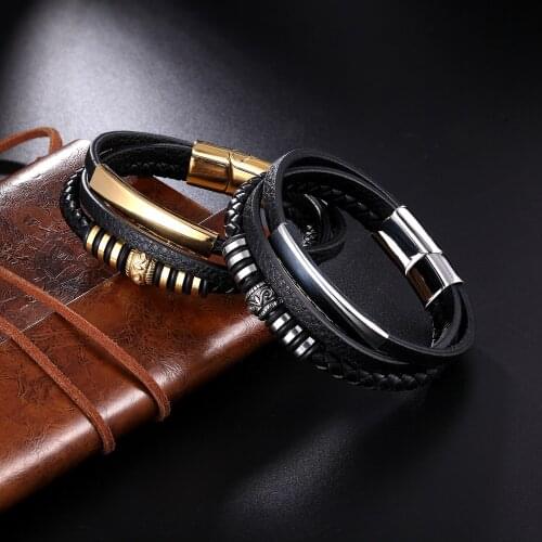 Men Multilayer Braided Braid Genuine Leather Bracelet Stainless Steel Magnetic Clasp Bangles Fashion Punk Male Jewelry