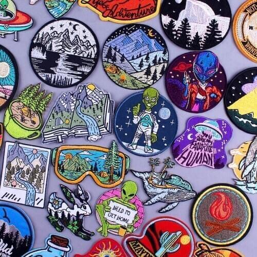 Pulaqi Travel Patch UFO Alien Iron On Patches On Clothes Camp Stripes Explore Natural Mountain Embroidered Patches For Clothing