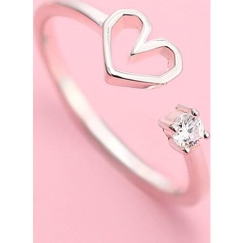 Silver color hollow heart-shaped opening ring design cute fashion love jewelry ladies girls children birthday party gifts