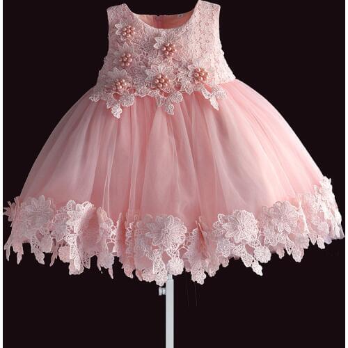New born baby girl dress pink lace baby wedding party ball gown pearl sleeveless girls christmas clothes vestido infantil 6M-4Y