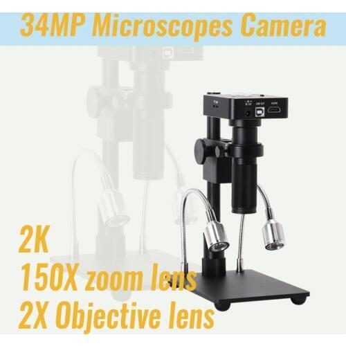 34MP 2K HDMI USB Industrial Electronic Soldering Microscope Camera 150X Magnifier Zoom Lens Stand for Phone PCB THT Repair