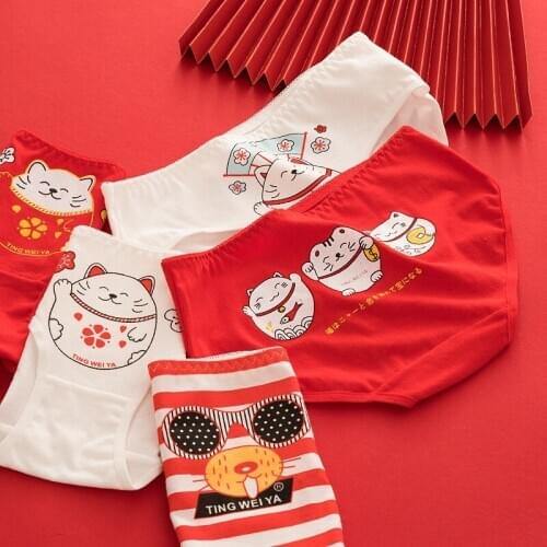 Sexy Lucky Cat Chinese Red Panties Women Cotton Cartoon Cute Sweet Knickers Fashion Lady Briefs Underwear Female Flower Lingerie
