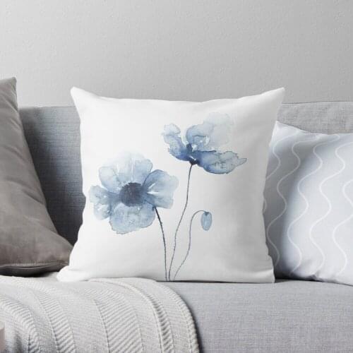 Blue Watercolor Poppies Throw Pillow Cushion Cover Polyester throw pillows case on sofa home living room car seat decor 45x45cm