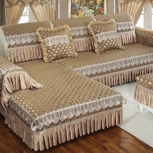 Dark Brown European Lace Sofa Cover Luxury Cotton Linen Sofa Towel Slipcover Non-slip Cushion Pillowcase Living Room Sofa Set A1