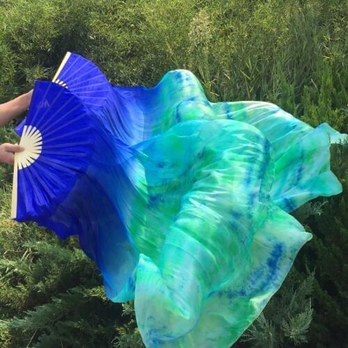 2019 Belly Dance Fan Veil 1 Pair ( right +left) Hand 1.8m*0.9m Women Oriental Belly Dance Silk Fan Turquoise Tie-dye Fan Veils
