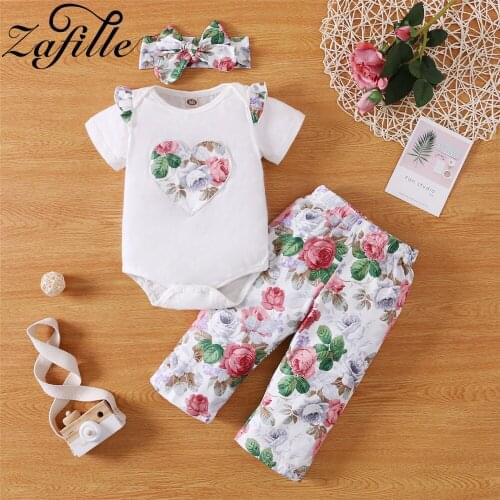 ZAFILLE Baby Girl Clothes Set Floral Heart Romper+Floral Pants Newborn Girl Sets Outfits Summer Infant Toddler Girl Clothing