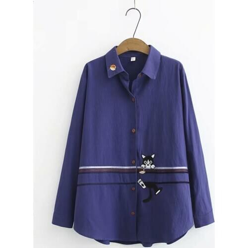 Plus Size XL-3XL Womens Blouse Cute Cat Embroidery OL Top Long Sleeved Blusas Vintage Long Sleeved Tops