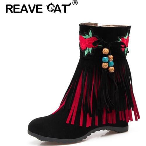 REAVE CAT Woman Wedges Ankle boots Ethnic Round toe Fringe Beads Zipper Flock Autumn winter Warm Female Red Black big size 43