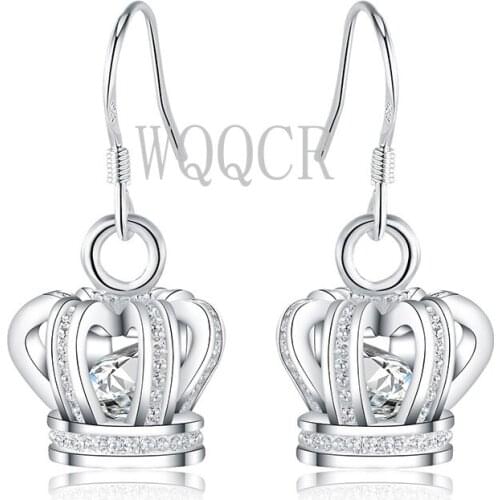 Free Shipping 925 Sterling Silver Color Fashion Zircon CZ Crown Round Lady Cute Earring Lady Jewelry Birthday Gift