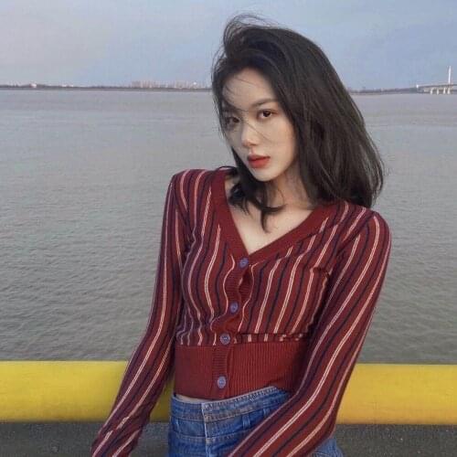 Woman Sweaters Cardigan Winter Gentle V-neck Striped Waist-Tight Long Sleeves Inner Wear Knitted Cardigan Top Sueters De Mujer