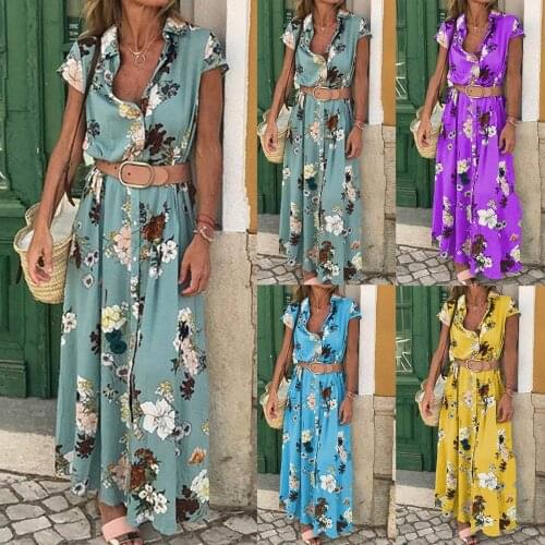 Womens V-neck Tie Button Long Dress Bohemian Retro Ethnic Printed Resort Style Beautiful Holiday Beach Dress Платье Летнее 2021