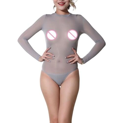 New Sexy Ice Silk See Through Bodysuit Lycra Long Sleeve Transparent High Cut Dance Bottom Wear Bodystocking Plus Size