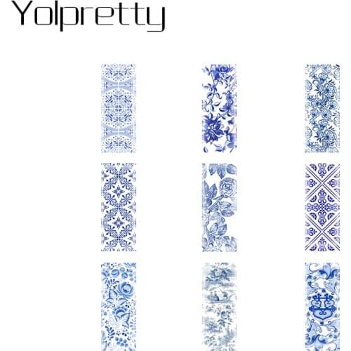 10pcs Chinese Paintings Blue and White Porcelain floral Rectangle Glass Cabochon Semi Finished Jewelry Findings Making Componet