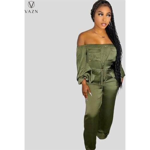 VAZN 2021 Autumn Solid Simple Overalls Elegant Slash Neck Full Sleeve Slim Women High Waist Braid Wide Leg Jumpsuits