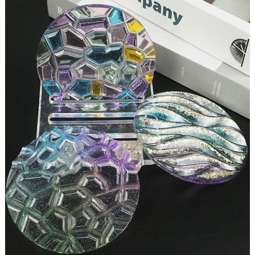 5PCS/Set DIY Crystal Silicone Mold Wave Diamond Irregular Stripe Bottom Cup Pad Round Collection Box Tray Cup Pad Set Mold