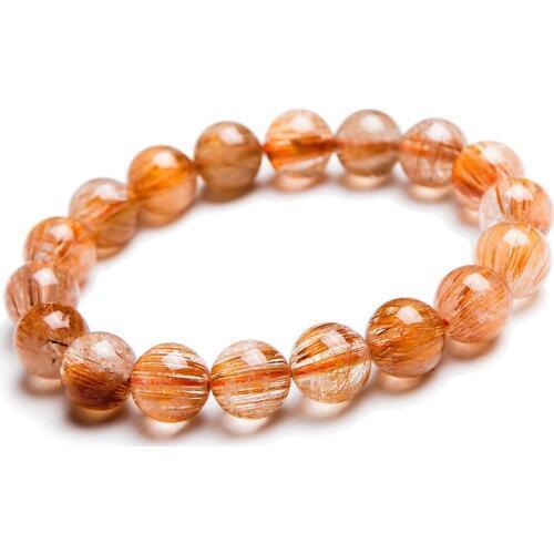Brazil Natural Copper Hair Rutilated Quartz Crystal Bracelets For Women Men Powerful Stretch Charm Round Bead Bracelet 12mm