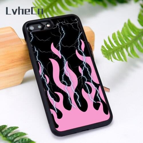 LvheCn Silicone Rubber Phone Case Cover for iPhone 6 6S 7 8 Plus X XS XR 11 12 Mini Pro Max Lightning Pink Flames