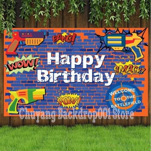 Welcome To The Battlefield Gun Game Party Backdrops Graffiti Wall Boy Birthday Photo Backgrounds Toys Cake Table Decor Poster