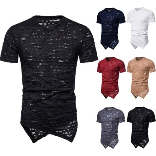 2021 New Summer Fashion Casual Mens Solid Color V-neck Slim Shape Hole Hip-hop Short Sleeve Mens T-shirt