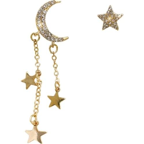 Delicate Asymmetric Moon Star Bling Starry Clear Crystal Tassel Alloy Drop Earrings Dangle Earrings For Women