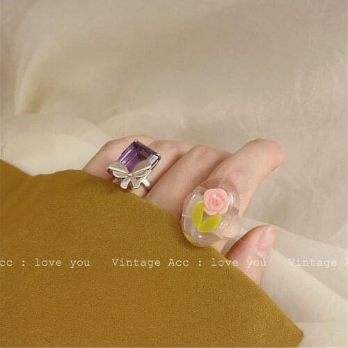 Rose Ring Vintage Korean Aesthetic Pink Flower Chunky Oval Acrylic Floral Rings for Girls Girlish Jewelry Gifts