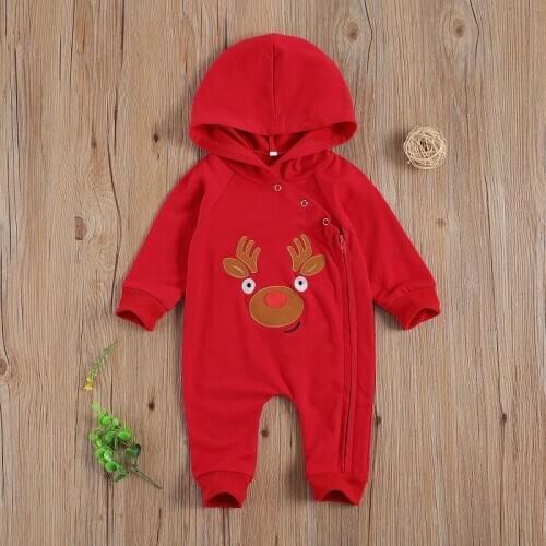 Newborn Baby Boys Embroidered Romper Cartoon Baby Cute Deer Pattern Boy Long Sleeve Zipper Hooded Red Jumpsuit Clothes 0-18M