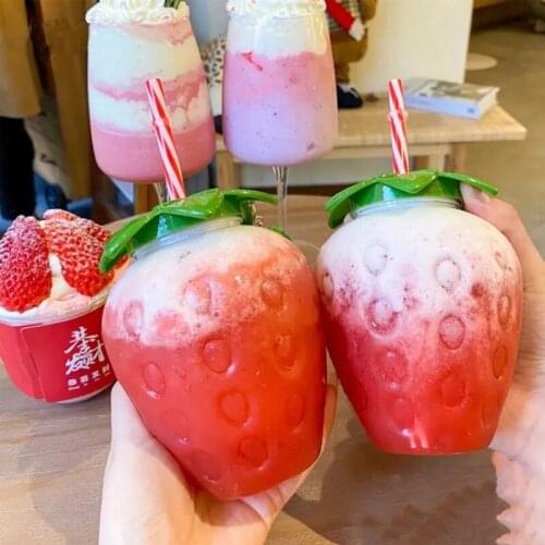 Summer Cartoon Kawaii Strawberry Straw Cup Plastic Cup Lovely Girl Milk Tea Coffee Cup Student Portable Water Cup Water Bottle