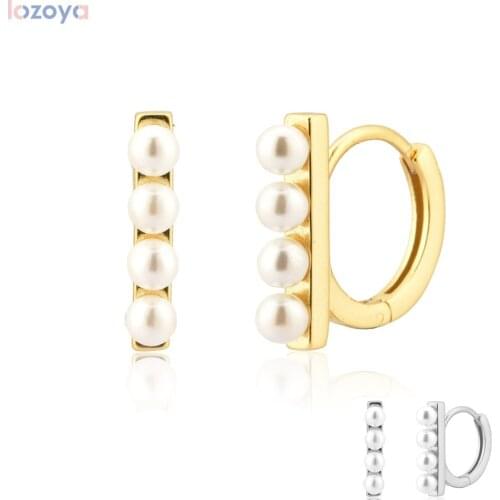 LOZOYA 100% 925 Sterling Silver Four Pearl Huggies Hoops Earring Circle Rock Punk Loops Piercing Pendiente Jewelry Gift