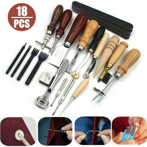 18pcs Professional Leather Craft Tools Hand Sewing Stitching Punch Carving Work Saddle Groover Kit