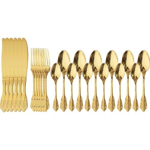 24Pcs Gold 304 Stainless Steel Knife Fork Spoon Dinner set Luxury Vintage Tableware Set Gold Dinnerware Set Western Cutlery Set
